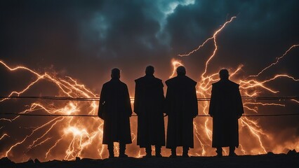 group of people with lightning A hellish scene of judgement day with bright electric sparks and dark figures in the sky 