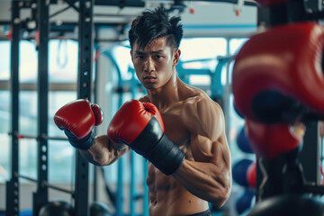Young adult man during kickboxing training in a gym.