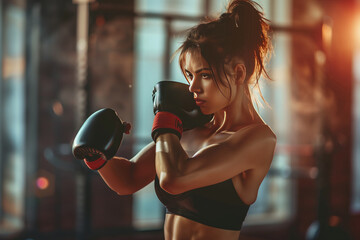 Young adult woman during kickboxing training in a gym. - Powered by Adobe