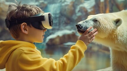 A child boy experiences wildlife up close via virtual reality headset, interacting with a polar bear.