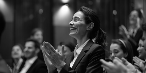 A woman in a suit clapping in front of a crowd. Perfect for business presentations