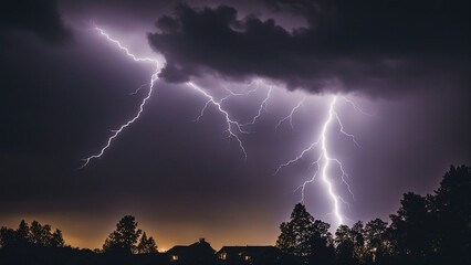 lightning over the city A bright white lightning bolt in a dark blue sky, creating a contrast of light and dark.  