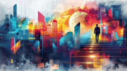 Businessman walking up the stairs to success and Abstract background with moon, buildings
