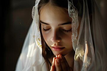 Young girl in her holy communion outfit with white veil, praying. - obrazy, fototapety, plakaty