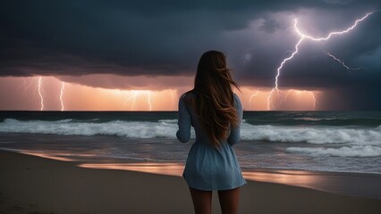 woman on the beach at sunset _She was standing on the shore, watching the lightning storm over the sea at sunset. She loved storm  