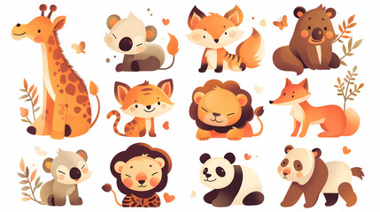 Cute cartoon animals set. Cute wild animals collection. Vector illustration