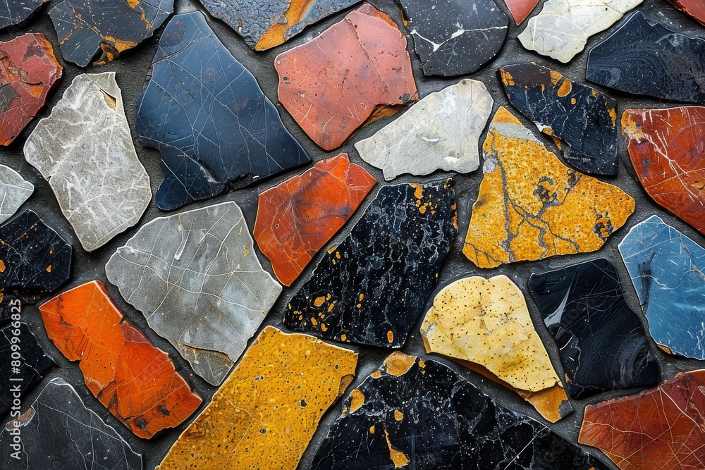 Poster a richly colored mosaic of various stone tiles creating a vivid and dynamic artistic pattern