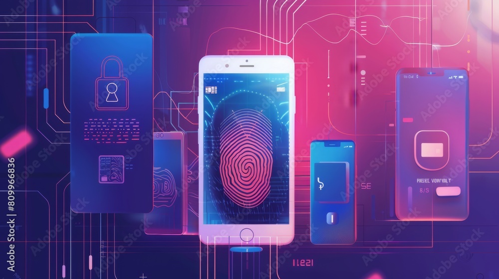 Poster a modern cell phone displaying a clear fingerprint on its screen, showcasing biometric security tech