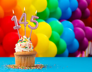 Birthday candle number 145 - Invitation card with balloons in colors of the gay pride march