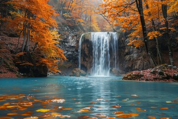 A splendid waterfall with spectacular autumnal colors reflects the beauty and change of the fall season in nature