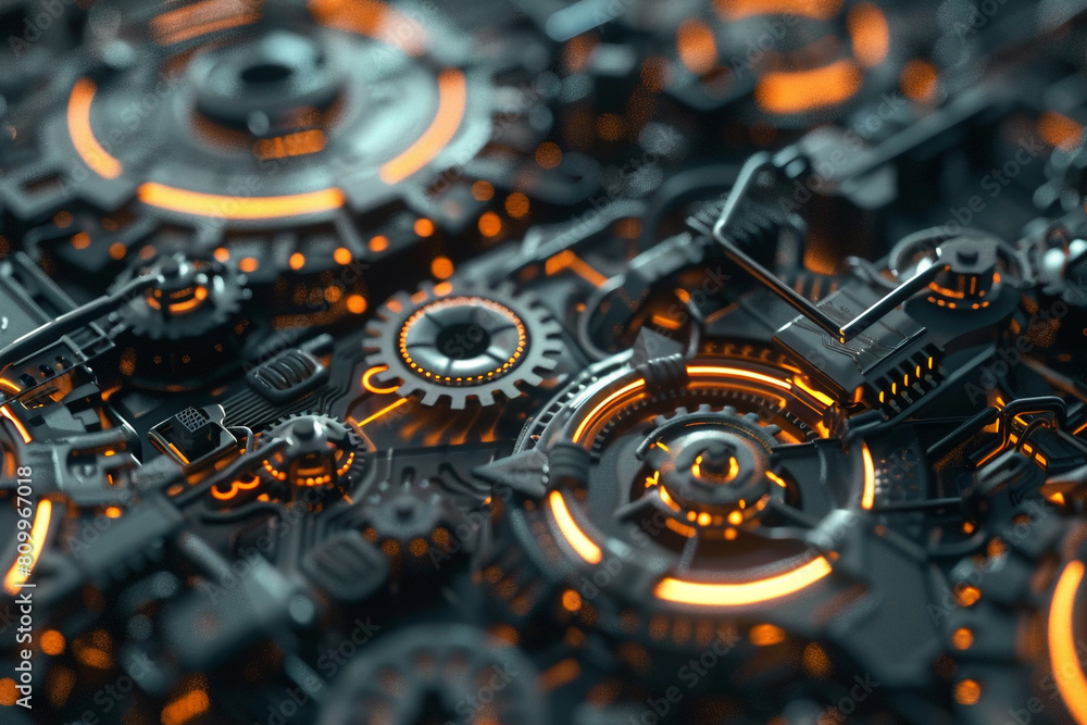 Poster nano-technology gears and circuits, showcasing the intricate design of future machines