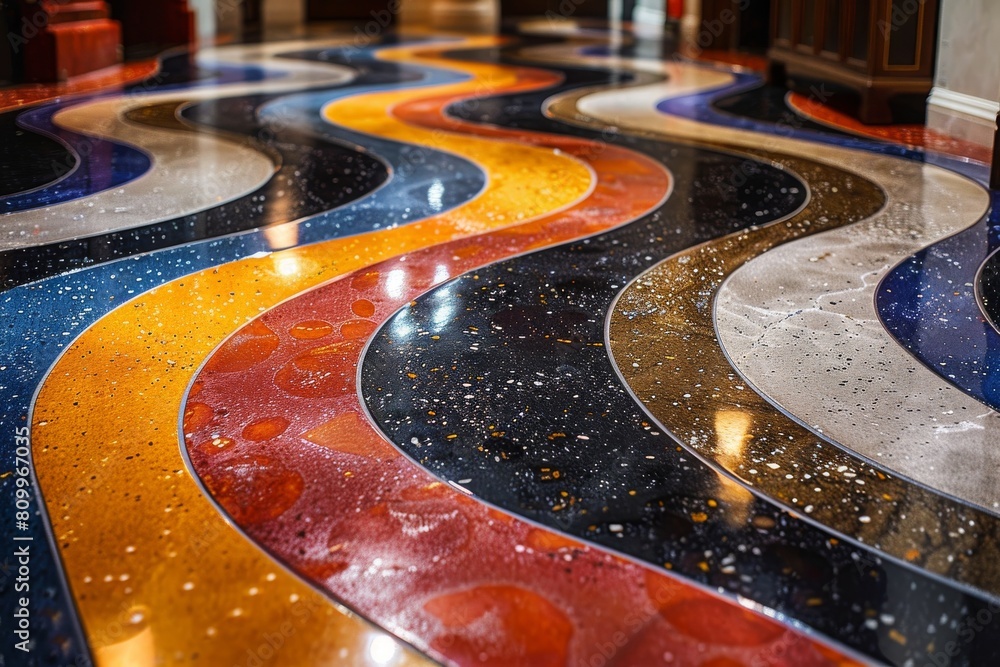 Poster an intricate winding terrazzo floor pattern sparkles under the light, creating a captivating visual 