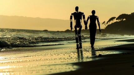 Fototapeta premium A human and robot explore together, their silhouettes against the beach backdrop, portraying a future of unity. Robotic relationships