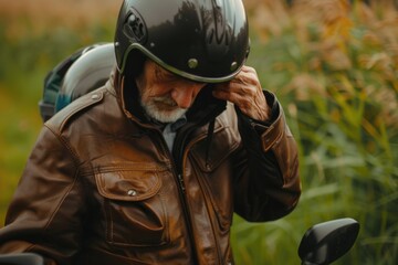 A man in a leather jacket talking on a cell phone. Suitable for technology and communication concepts