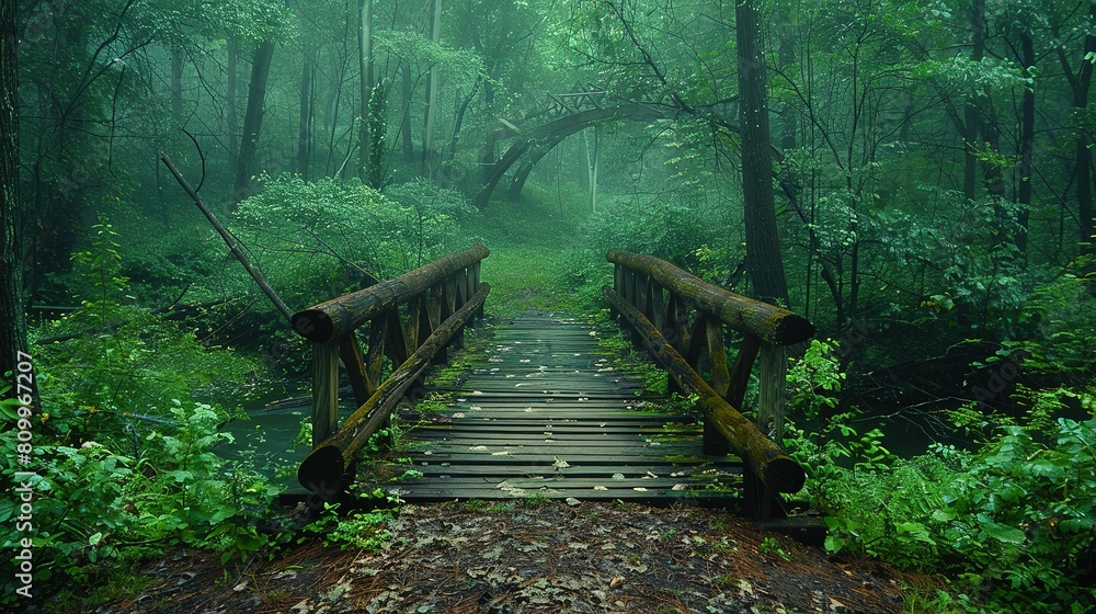 Poster beautiful view of greenery and a bridge in the forest copy space for text