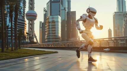 A human and robot embrace health by jogging together at dawn in a city's green heart. Robotic relationships