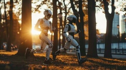 Together, a human and robot tackle wellness by jogging in a park, promoting mutual health. Robotic relationships