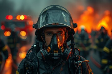 A stoic firefighter is poised and prepared in front of harsh flames, symbolizing the fight against fire