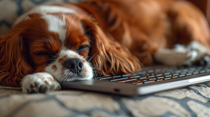 Cavalier King Charles Spaniel sleeping on laptop. Dog asleep on computer keyboard. Working from home with pet. National Pet Day. Remote working