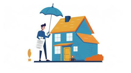 A stylized drawing of a man holding a large umbrella over a house, symbolizing protection and care.