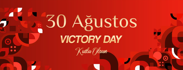 Naklejka premium Turkey Victory Day wide banner in modern geometric style with red colors. Turkish National Day greeting card template illustration on August 30. Happy Victory Day Turkey