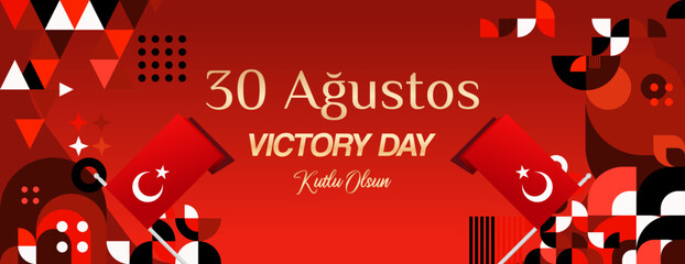 Turkey Victory Day wide banner in modern geometric style with red colors. Turkish National Day greeting card template illustration on August 30. Happy Victory Day Turkey