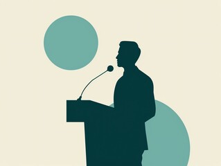 A stylized vector icon of a human silhouette at a podium, representing leadership and public speaking in business settings