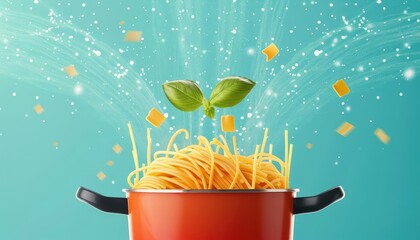 Create an image of a pot of boiling spaghetti with basil and cheese. Make the image look delicious and appealing. Use bright colors and a high resolution.