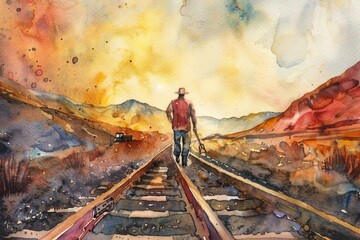 A watercolor painting of a man walking on a train track. Suitable for transportation themes