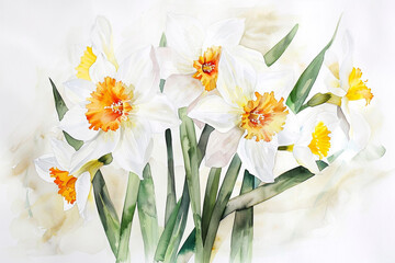 Narcissus in watercolor, symbol of new beginnings, white backdrop 