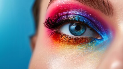 Closeup of a woman's eye with vibrant rainbow eyeshadow, a unique makeup concept