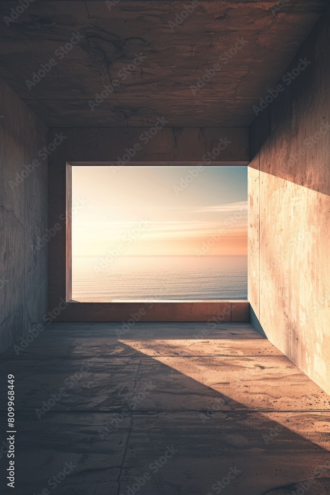 Poster an empty room with a large window overlooking the ocean. suitable for real estate or travel concepts