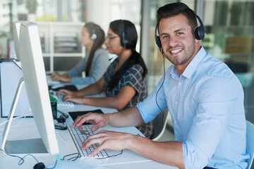 Call center, telemarketing and portrait of man at computer with customer service and crm....