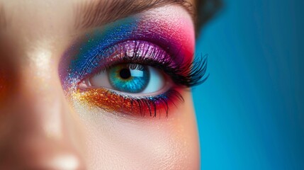 Macro shot of a woman's eye with colorful, glittery rainbow eyeshadow