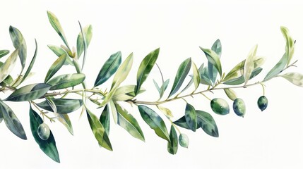 Detailed watercolor painting of an olive branch. Perfect for culinary or Mediterranean-themed designs