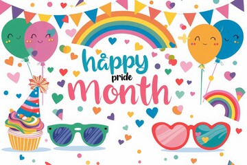 Pride month background with a rainbow, party hat and love sign. A pride celebration concept for a banner, poster or greeting card template. LGBT festival. Pride Day themed vector graphic of a rainbow 
