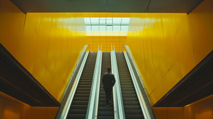 Business man using phone calling while using escalator