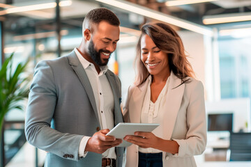 Joyful Business Professionals Using a Tablet. Smiling African American man and woman in smart business attire using a tablet together in a modern office setting.