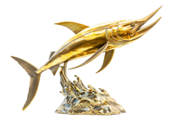 Golden Marlin Fish Sculpture Leaping Out of Decorative Ocean Waves on a Glossy Base