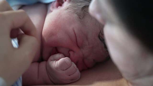 Newborn close-up face right after birth, minutes moments after childbirth arriving at the world resting on mother's skin to skin contact