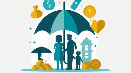 A family stands under an umbrella representing financial protection, surrounded by symbols of wealth and safety.