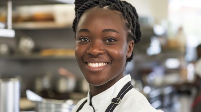 African american female cooking shef in her kitchen at work smiling at camera with toothy smile
