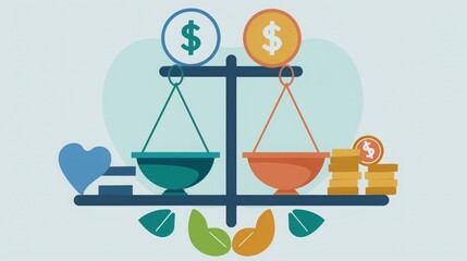 A stylized balance scale equating health symbolized by a heart and leaves with wealth indicated by dollar signs and coins.