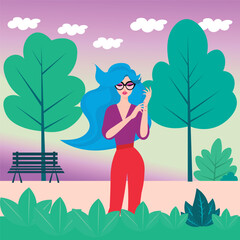 Elegant illustration woman in glasses, in a park, in nature