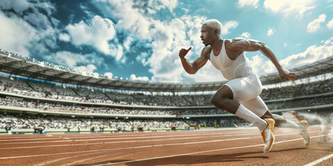 In motion, African American athlete running on a stadium track.