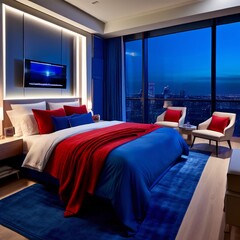 a queen-size bed set amidst an orderly minimalist bedroom with a nice city view 