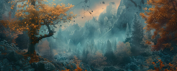 Mystical Autumn Forest in Ethereal Morning Mist