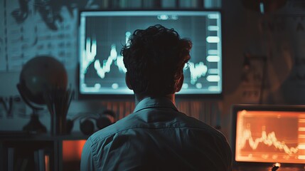 Capture the chilling reality of financial trends through a horror lens Create a rear-view scene, showcasing a haunted stock market analogously Utilize analog photography for vintage suspense