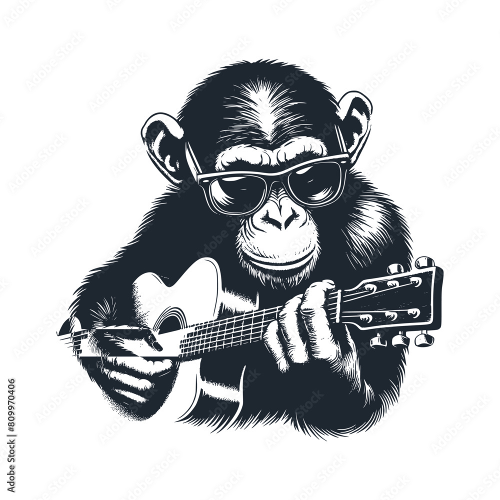 Wall mural The chimpanzee playing guitar. Black white vector illustration
