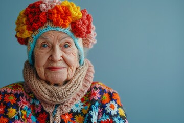 cheerful senior woman in knitted clothes with Irish lace